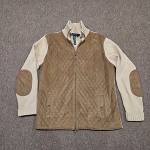 Lauren Ralph Lauren Quilted Suede Knit Jacket Womens XL Tan Equestrian Full Zip